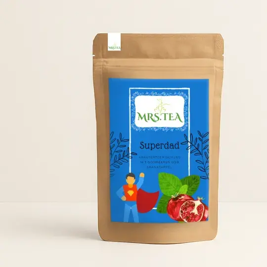 Superdad Kräutertee Minze Granatapfel Bockshornklee Superheld auf blauem Grund, Granatapfel, Tee Standbodenbeutel
