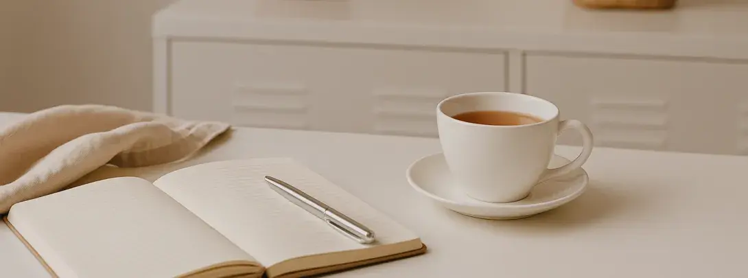 Tasse Tee neben Notizbuch auf aufgeräumtem Tisch – Symbol für Klarheit durch Ordnung