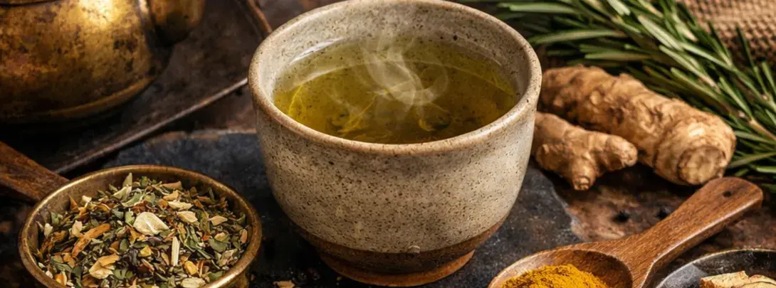 Würziger Tee in Keramiktasse mit Kräutern, Wurzeln und Gewürzen auf rustikalem Untergrund – Tee mit Tiefe statt Süße